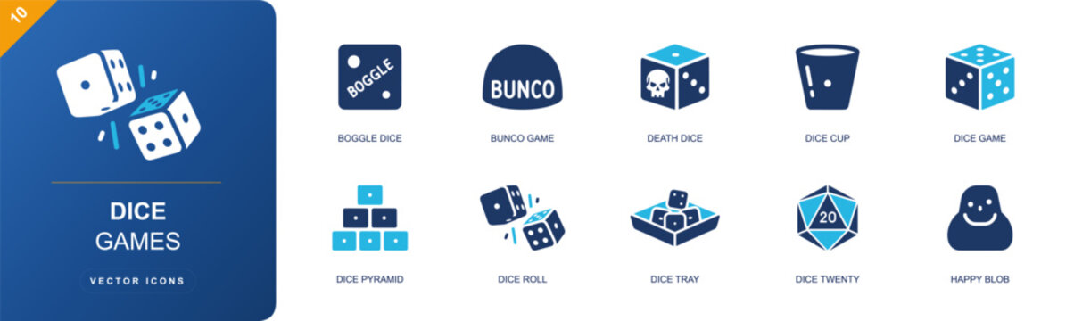 Dice games icon set. Containing Boggle dice, Bunco game, death dice, dice cup, dice game, dice pyramid, dice roll, dice tray, twenty-sided die, happy blob and more. Solid fill vector icons.