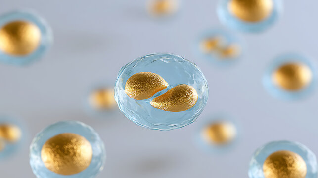 Microscopic view of biological cell division process, medical 3D illustration showcasing cellular mitosis stage with nucleus and gold dna