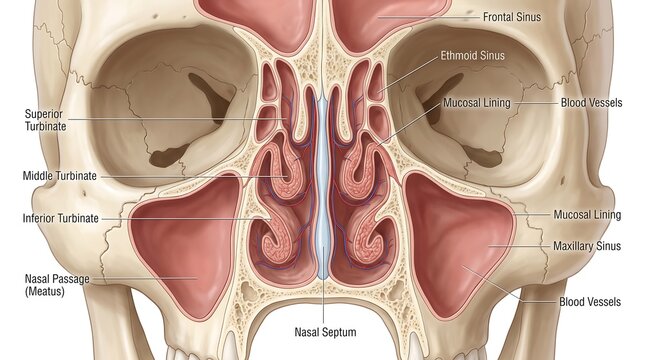 Medical Illustration of Human Nasal Cavity and Paranasal Sinus Structure