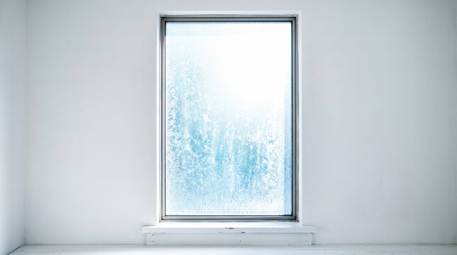 Frozen rectangular glass window covered completely using thick ice crystals set inside plain white interior wall during cold bright winter daytime