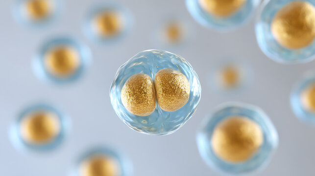 Microscopic view of biological cell division process, showing mitosis phase with duplication and separation of chromosomes inside nucleus