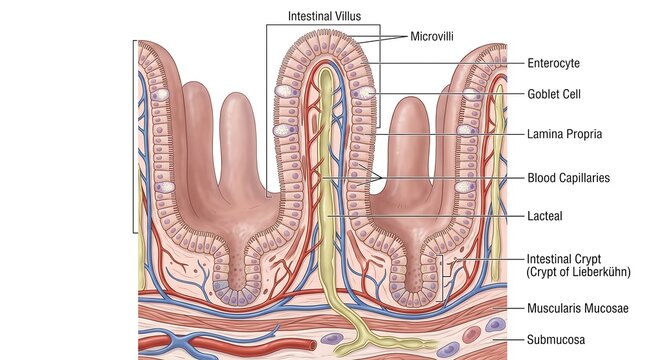 Medical Illustration of Intestinal Villus Anatomy and Digestive System Structure