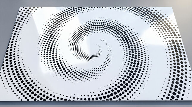 Black dotted halftone spiral pattern displayed over glossy white surface providing optical illusion effect modern abstract graphic design background visual texture