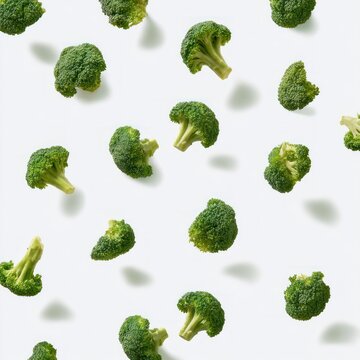 Fresh broccoli florets scattered on a white background with soft shadows
