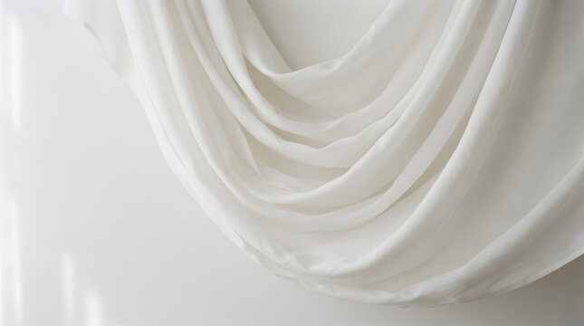 White fabric draped in elegant soft folds against a clean light background for design with neutral background bright hangs graceful cascading minimalist