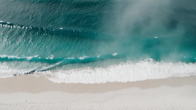 Aerial view of ocean waves gently crashing onto a sandy beach, showcasing the rhythmic flow of water and foam along the shoreline in a serene coastal environment