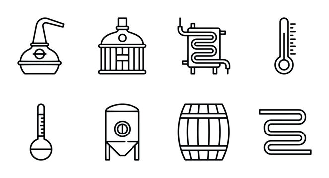 Distillery Equipment Icons, Alcohol Production Vector Set, Brewing Tools Graphics