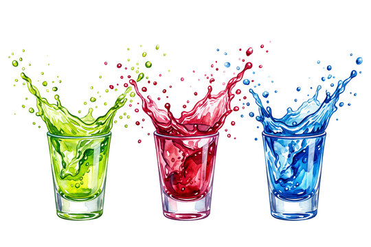 Splashing colorful green red blue drinks in shot glasses