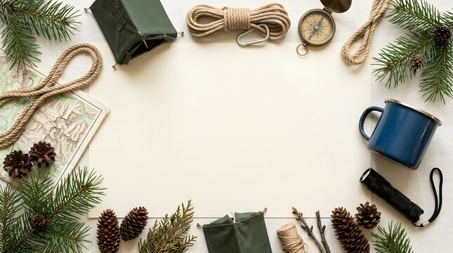 Camping equipment flat lay with rope and compass on beige