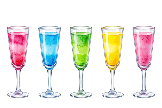 Set of colorful rainbow champagne flute drinks in a row