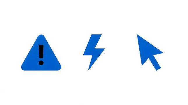Three blue icons including an exclamation mark in a triangle a lightning bolt with plain white background computer mouse cursor notification electricity