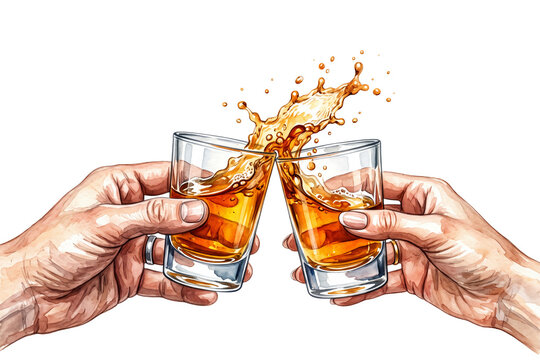 Splashing whiskey shot glasses toasting in two hands