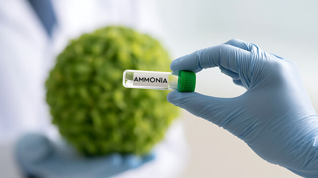 Scientist hold test tube with ammonia near green plant sample in laboratory research for agriculture crop protection and chemical test result