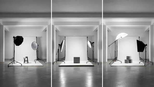 Three different setups of studio equipment with white backgrounds and lighting