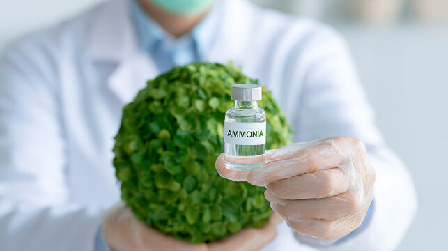 Scientist hold ammonia bottle with green plant ball in laboratory, chemical research on agriculture, fertilizer analysis concept, close up