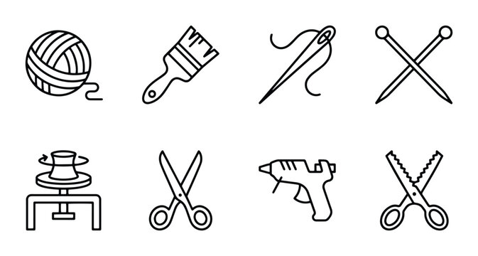 Crafting Icons Set: Knitting, Sewing, Pottery, Painting Supplies, Hot Glue Gun, Scissors