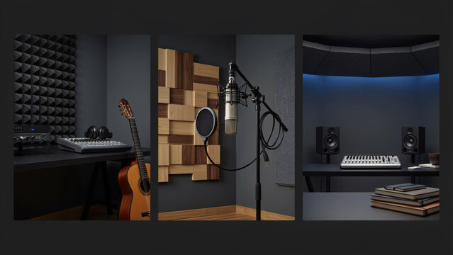 Three views of a music recording studio with acoustic foam and audio production equipment