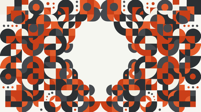 Abstract geometric pattern with orange, grey, and white shapes and copy space