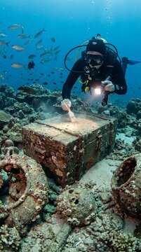Underwater scene featuring a large weathered stone block resting on sandy seabed, vibrant tropical coral life visible nearby, perfect for marine biology and ocean conservation topics