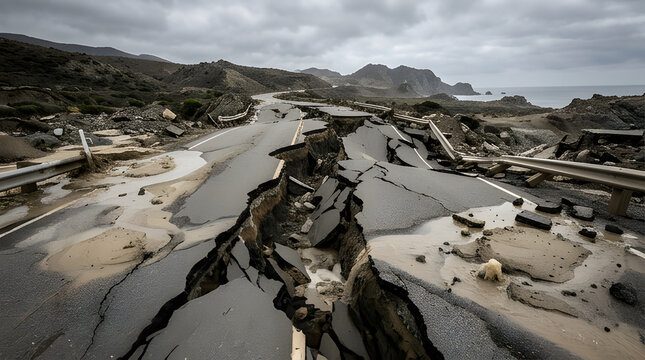 Severe Earthquake Ground Fissures Cracking Open Road Surface