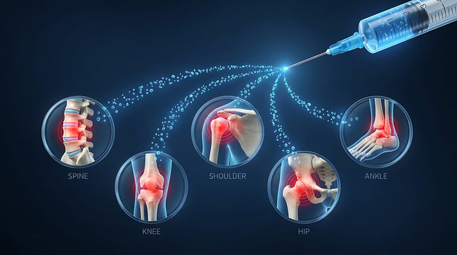 Medical injection concept with syringe treating joint pain in spine, shoulder, knee, hip and ankle, representing targeted orthopedic therapy, pain relief and regenerative medicine.