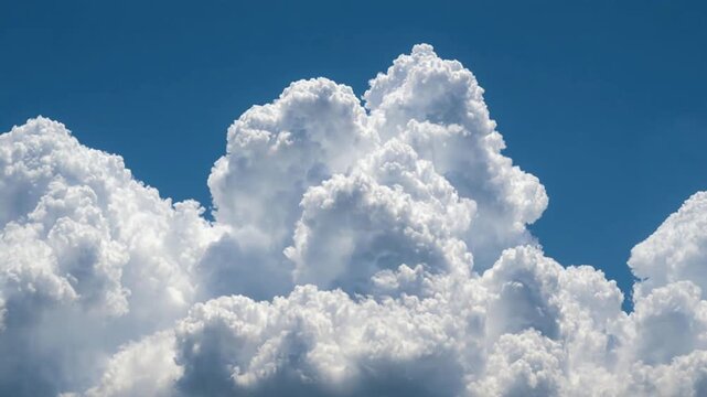 Fluffy white cumulus clouds billow and rise against a bright blue sky, showcasing a dynamic transformation in cloud formation and texture throughout the frames