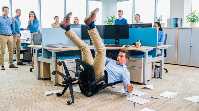 Clumsy male professional falling backward from rolling chair dropping white papers onto floor while diverse coworkers watch laughing inside busy corporate workspace