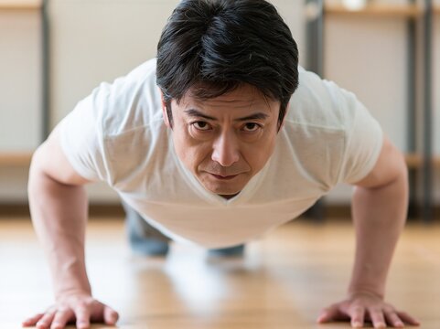 真剣な眼差しで自重トレーニングの腕立て伏せに励む男性