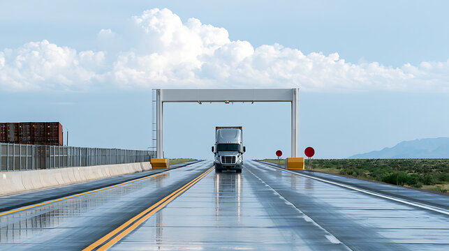 A modern semi truck approach a border security checkpoint on an industrial highway under a bright cloudy sky with mountains in the background