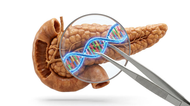 Human pancreas and DNA helix under a magnifying glass held by tweezers, representing genetic research, diabetes diagnosis, endocrine system study, and medical biotechnology.