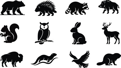 Obraz premium Forest animal silhouettes, 12 black wildlife icons, minimalist woodland creature vector set, nature park branding elements