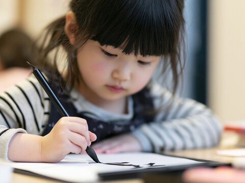 黒いペンを握って真剣にノートにお絵描きや文字の練習をする子供