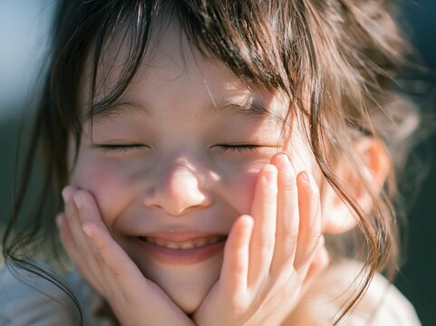 両手で頬を支えながら目を閉じて幸せそうな笑顔を見せる女の子