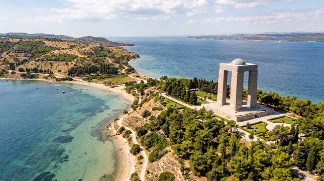 Canakkale - Turkey, September 12, 2021 Gallipoli peninsula, where Canakkale land and sea battles took place during the first world war. Martyrs monument and Anzac Cove. Photo shoot with drone Static s