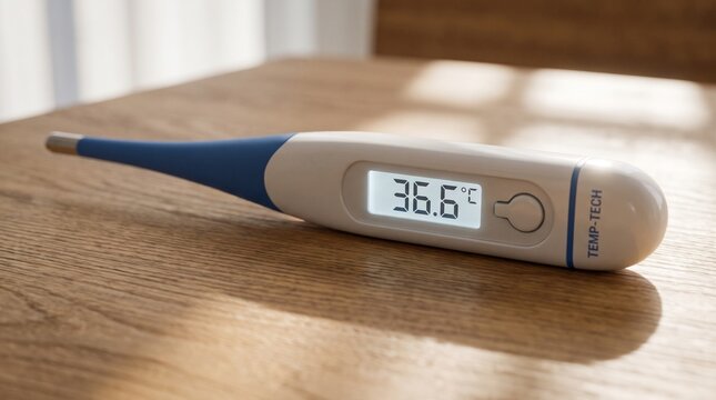 Digital thermometer on wooden table showing normal body temperature of thirty six point six degrees celsius.