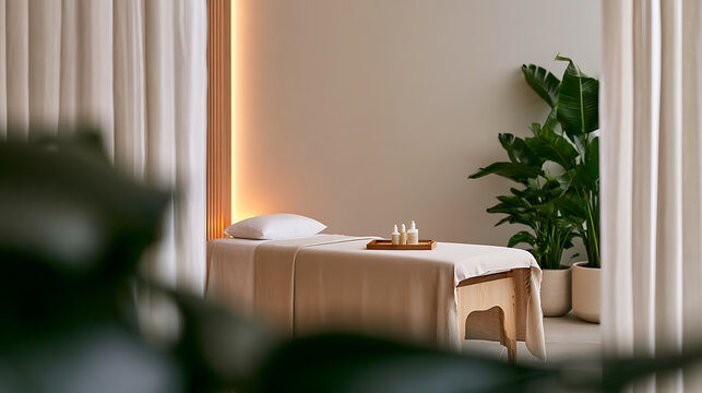 Serene spa treatment room featuring a massage bed with white linen, wooden tray, aroma bottles, green tropical plant, and warm lighting