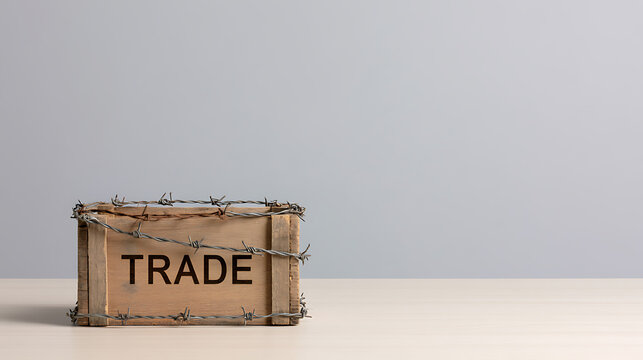 A wooden crate labeled trade and wrapped in sharp barbed wire on a wooden table, symbolizing economic sanctions and restriction barriers