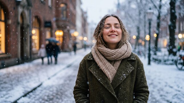 Smiling Woman Enjoying Snowfall on City Street