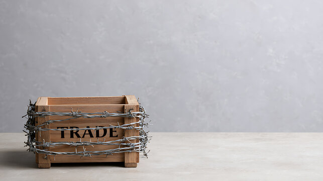 Wooden crate with trade text wrapped in barbed wire on table against grey wall background, symbol of barrier restriction conflict and embargo