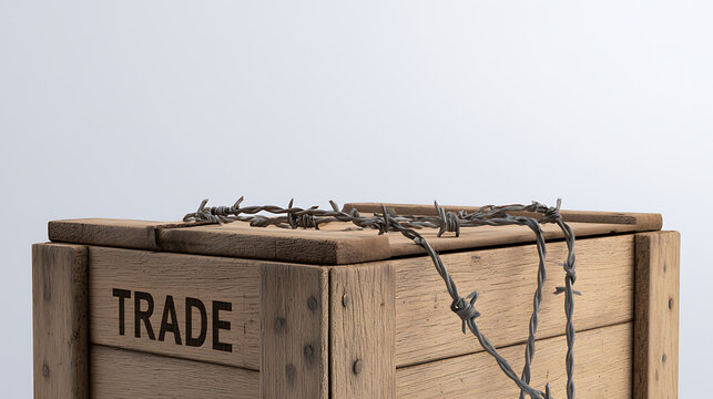 A wooden crate with trade text symbol and barbed wire on top representing international embargo restriction and global economic sanctions crisis