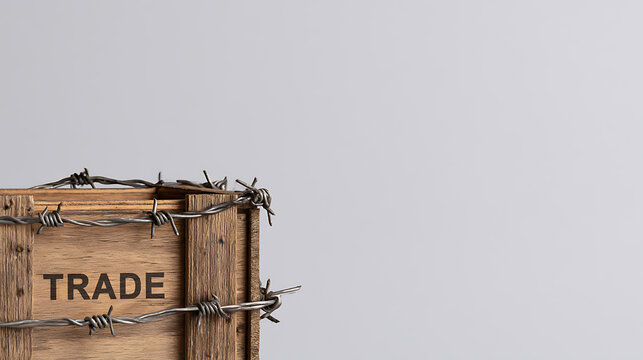 A wooden crate with trade text wrapped in barbed wire on a gray background, concept of global trade restrictions, tariffs, and barriers