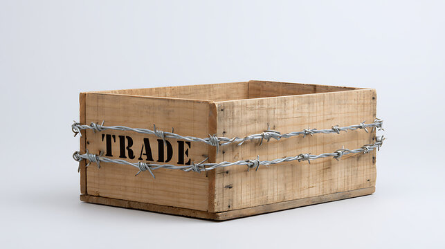 Wooden crate with trade text wrapped in barbed wire isolated on a white background representing protection and restriction in global commerce