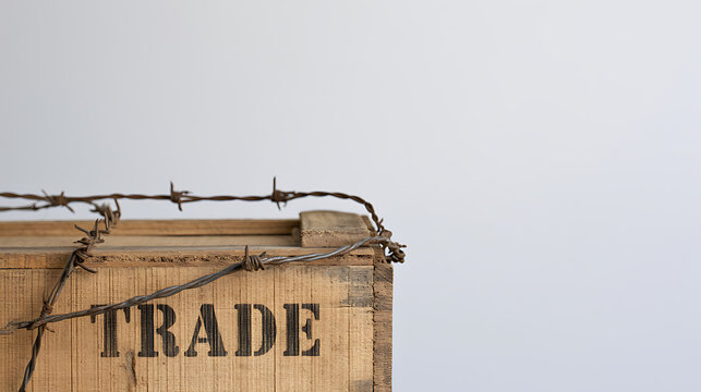 A wooden crate with the word trade stamped on the side, wrapped in rusty barbed wire against a plain light grey studio background space
