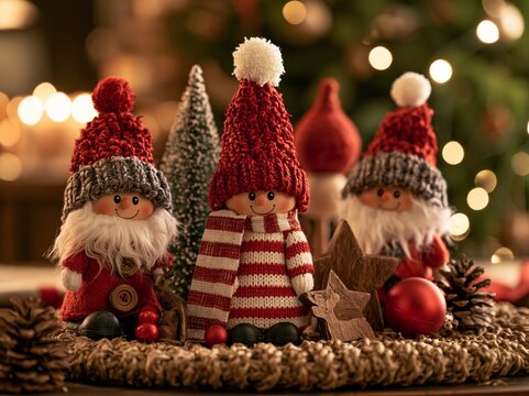 温かいクリスマスの飾りが施された暖炉の近くに佇む木製の妖精たち