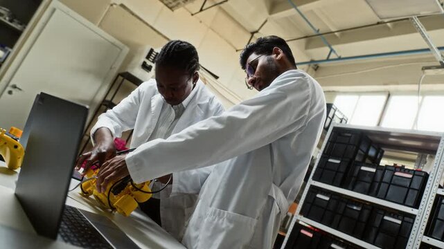 African American female and Indian male young adult scientists assembling yellow robotic device in laboratory, low angle shot. Ideal for STEM education and robotics engineering marketing