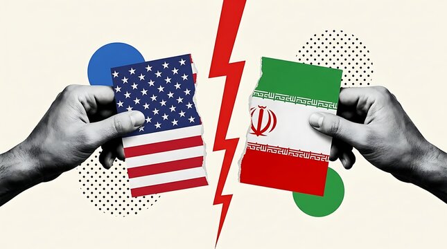 Hands holding torn US and Iran flags with lightning bolt symbolizing international conflict and diplomatic tension