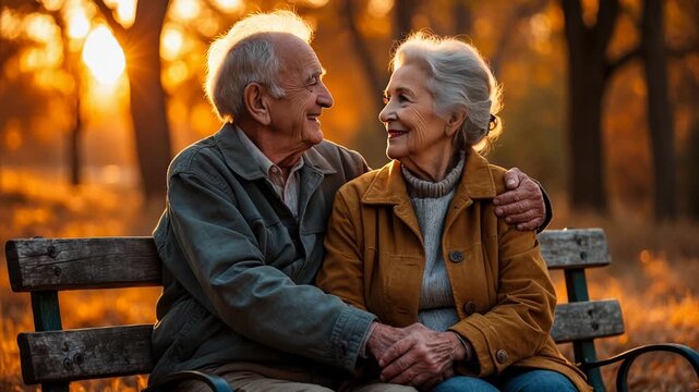 Married couple old woman and man walk autumn park, family on background falling leaves AI Generative