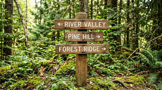 Wooden signpost in lush green forest directing to River Valley, Pine Hill, Forest Ridge