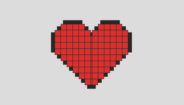 Large red heart created in a classic pixel art style sits centered against a neutral grey background symbolizing digital love and gaming.