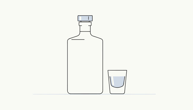 Simple line drawing of a clear glass bottle next to a filled shot glass sits on a plain surface against a light cream background.
